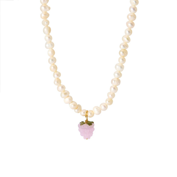 Women's Retro Fashion Necklace With Raspberry Shaped Stainless Steel Pendant Set With Freshwater Pearls
