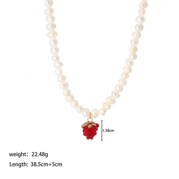 Women's Retro Fashion Necklace With Raspberry Shaped Stainless Steel Pendant Set With Freshwater Pearls