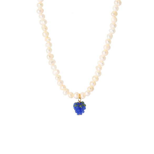 Women's Retro Fashion Necklace With Raspberry Shaped Stainless Steel Pendant Set With Freshwater Pearls