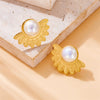 Women's Retro Fashion Round Pearl Fan Feather Accessories Pendant Earrings Ring Necklace Stainless Steel Electroplated