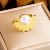 Women's Retro Fashion Round Pearl Fan Feather Accessories Pendant Earrings Ring Necklace Stainless Steel Electroplated
