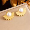 Women's Retro Fashion Round Pearl Fan Feather Accessories Pendant Earrings Ring Necklace Stainless Steel Electroplated