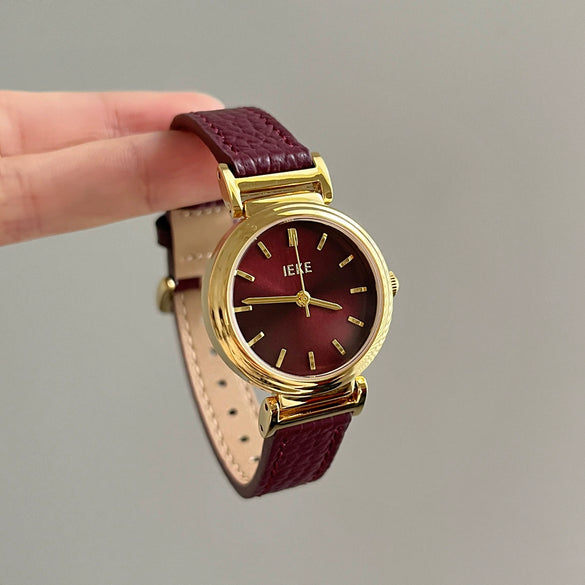 Women's Retro Fashionable Metal Leather Watch With Round Dial And Spiral Crown