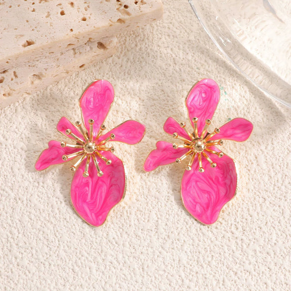 Women's Retro Flower Earrings With Drip Glaze Finish And Stainless Steel Ear Posts Fashionable Everyday Jewelry