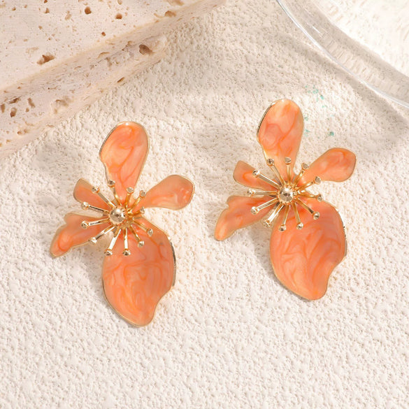 Women's Retro Flower Earrings With Drip Glaze Finish And Stainless Steel Ear Posts Fashionable Everyday Jewelry