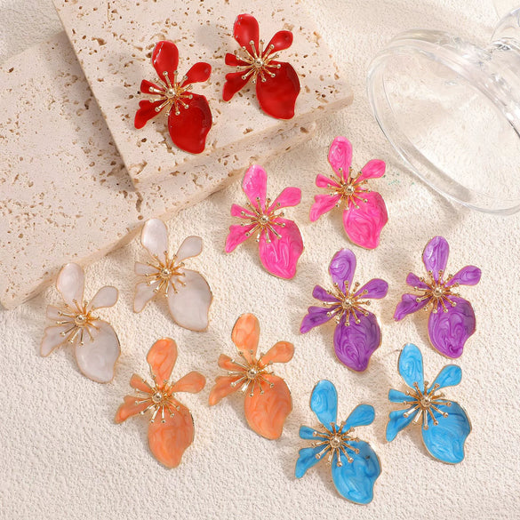 Women's Retro Flower Earrings With Drip Glaze Finish And Stainless Steel Ear Posts Fashionable Everyday Jewelry