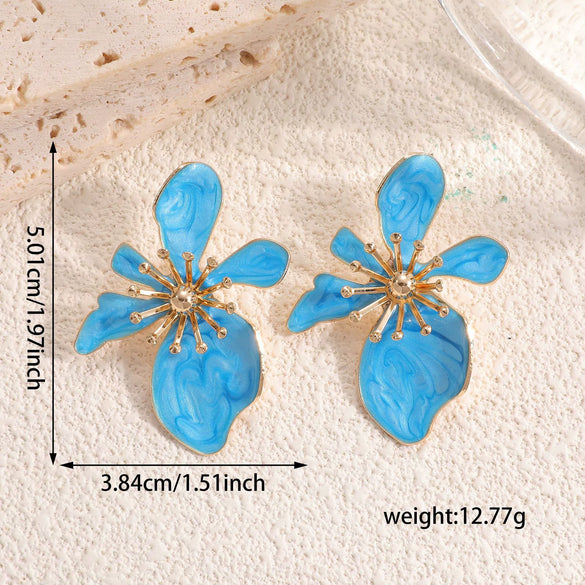 Women's Retro Flower Earrings With Drip Glaze Finish And Stainless Steel Ear Posts Fashionable Everyday Jewelry