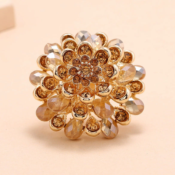 Women's Retro Flower Ring With Crystal And Diamond Accents Adjustable Alloy Statement Ring Elegant Fashion Jewelry