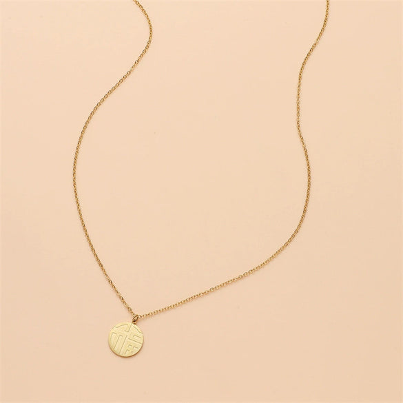 Women's Retro Fortune Character Stainless Steel Necklace With Round Geometric Pendant Electroplated O Chain Short Neck Chain