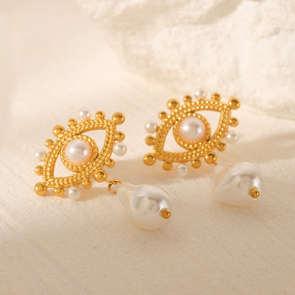 Women's Retro French Style Geometric Pearl Stainless Steel Electroplated Earrings