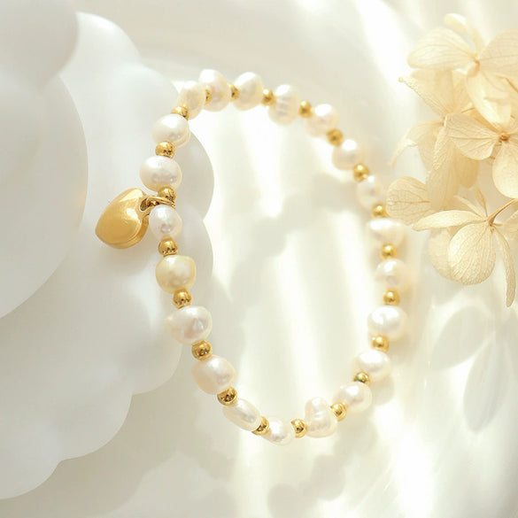 Women's Retro Freshwater Pearl Stitching 316L Stainless Steel Ball Bracelet With Heart Pendant And Electroplating Process
