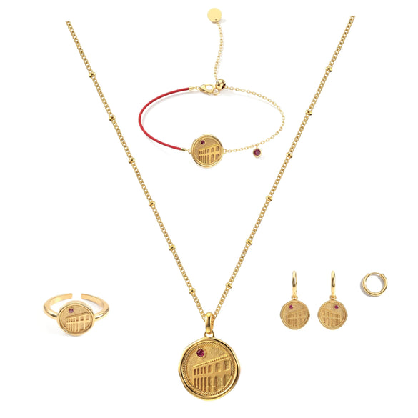 Women's Retro Geometric Architectural Jewelry Set With Embossed Stainless Steel Necklace Earrings Ring And Bracelet