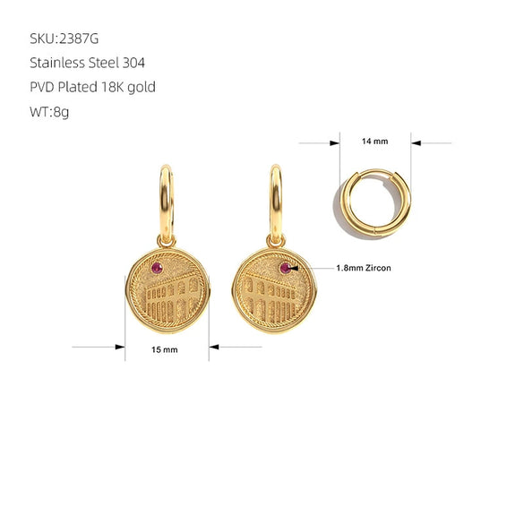 Women's Retro Geometric Architectural Jewelry Set With Embossed Stainless Steel Necklace Earrings Ring And Bracelet