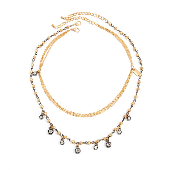 Women's Retro Geometric Beaded Diamond Pendant Necklace With Layered Alloy Chain And Lobster Clasp