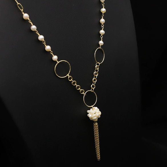 Women's Retro Geometric Beaded Pearl Chain Tassel Necklace With Electroplated Detail Elegant Sweater Chain Jewelry