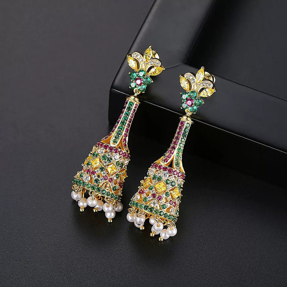 Women's Retro Geometric Copper Long Bellshaped Drop Earrings With Colorful Pearl And Zircon Details Electroplated Finish