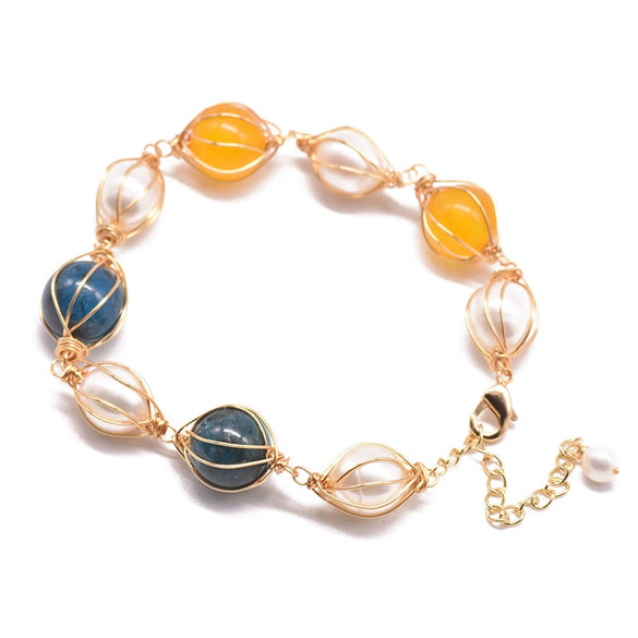 Women's Retro Geometric Pearl And Blue Crystal Beaded Bracelet With Electroplated Citrine Style Details