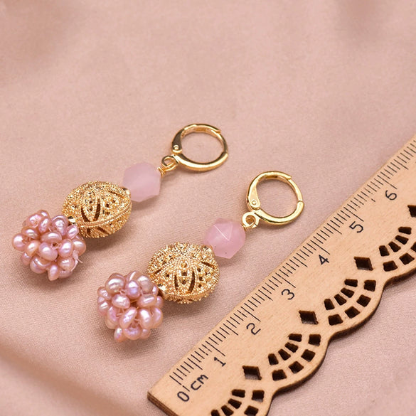 Women's Retro Geometric Pearl Earrings With Pink Crystal Freshwater Pearl Electroplated Jewelry