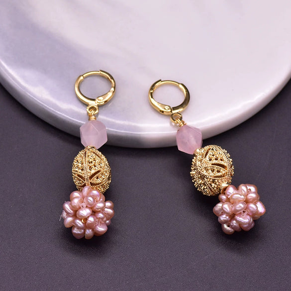 Women's Retro Geometric Pearl Earrings With Pink Crystal Freshwater Pearl Electroplated Jewelry