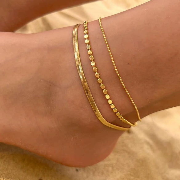 Women's Retro Geometric Stainless Steel Layered Anklet With Gold Tone Finish Fashion Original Design Jewelry
