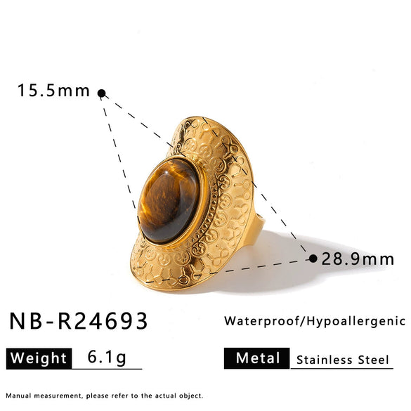Women's Retro Geometric Stainless Steel Open Ring With Natural Stone And 18K Vacuum Plated Finish