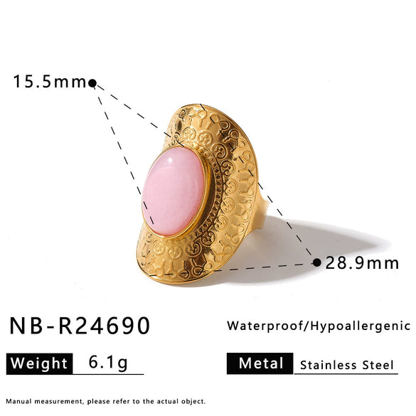 Women's Retro Geometric Stainless Steel Open Ring With Natural Stone And 18K Vacuum Plated Finish