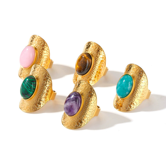 Women's Retro Geometric Stainless Steel Open Ring With Natural Stone And 18K Vacuum Plated Finish