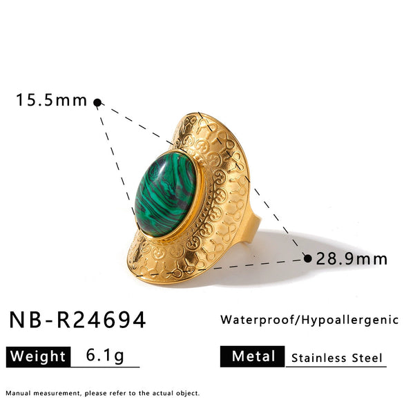 Women's Retro Geometric Stainless Steel Open Ring With Natural Stone And 18K Vacuum Plated Finish