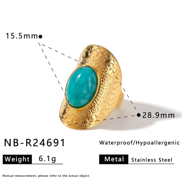 Women's Retro Geometric Stainless Steel Open Ring With Natural Stone And 18K Vacuum Plated Finish