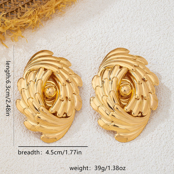Women's Retro Goldtone Flower Earrings Electroplated Iron Alloy Exaggerated Threedimensional Geometric Design With Stainless Steel Posts