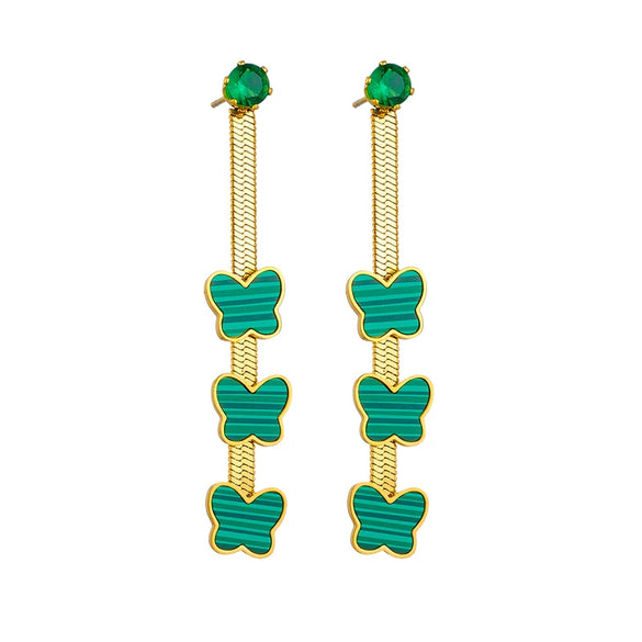 Women's Retro Green Striped Butterfly Stainless Steel Earrings With Chain Tassel And Electroplating