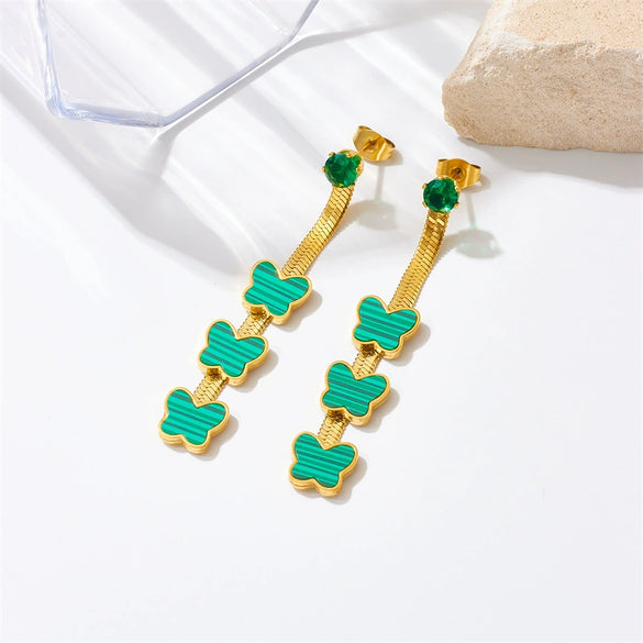 Women's Retro Green Striped Butterfly Stainless Steel Earrings With Chain Tassel And Electroplating