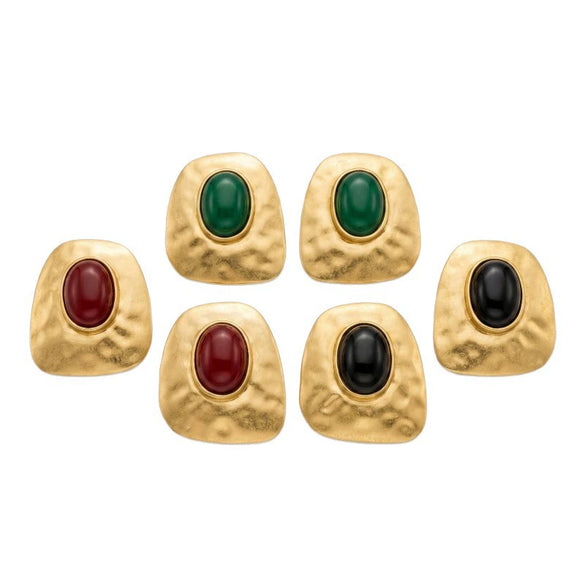 Women's Retro Hammered Resin Gemstone Earrings Electroplated Alloy Geometric Statement Jewelry With Stainless Steel Ear Pins