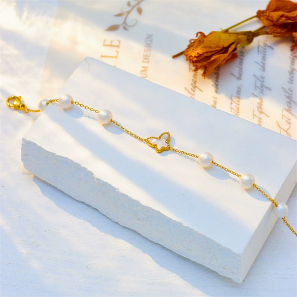 Women's Retro Hand Jewelry Bracelet Round Pearl Butterfly Chain Stainless Steel Electroplating