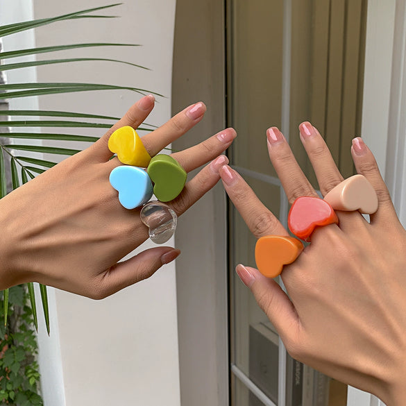 Women's Retro Heart Shaped Resin Ring Simple Geometric Candy Color Wide Band Love Ring