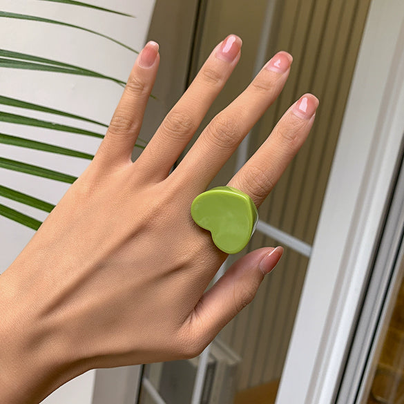 Women's Retro Heart Shaped Resin Ring Simple Geometric Candy Color Wide Band Love Ring