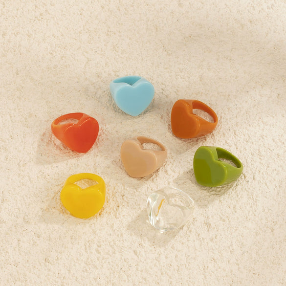 Women's Retro Heart Shaped Resin Ring Simple Geometric Candy Color Wide Band Love Ring