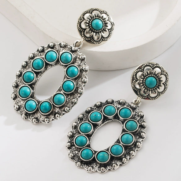 Women's Retro Heavy Industry Cut Out Flower Geometric Style Alloy Turquoise Inlaid Earrings