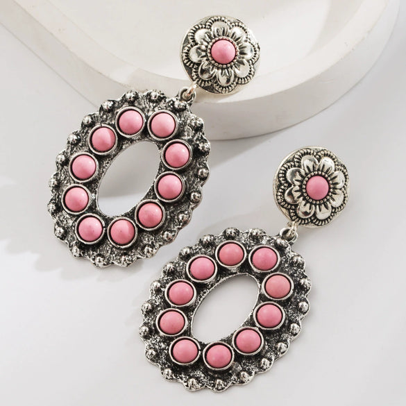 Women's Retro Heavy Industry Cut Out Flower Geometric Style Alloy Turquoise Inlaid Earrings