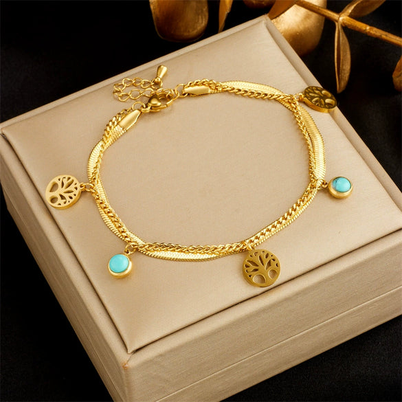 Women's Retro Highend Light Luxury Turquoise Tree Of Life Round Pendant Double Layer Stacked Stainless Steel Electroplated Bracelet