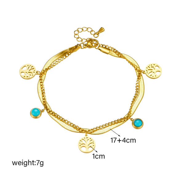 Women's Retro Highend Light Luxury Turquoise Tree Of Life Round Pendant Double Layer Stacked Stainless Steel Electroplated Bracelet