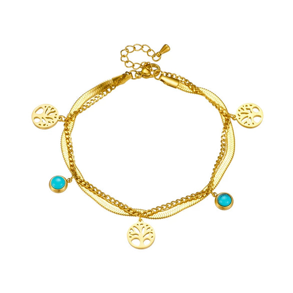 Women's Retro Highend Light Luxury Turquoise Tree Of Life Round Pendant Double Layer Stacked Stainless Steel Electroplated Bracelet