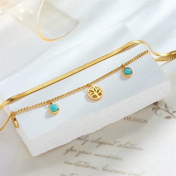 Women's Retro Highend Light Luxury Turquoise Tree Of Life Round Pendant Double Layer Stacked Stainless Steel Electroplated Bracelet