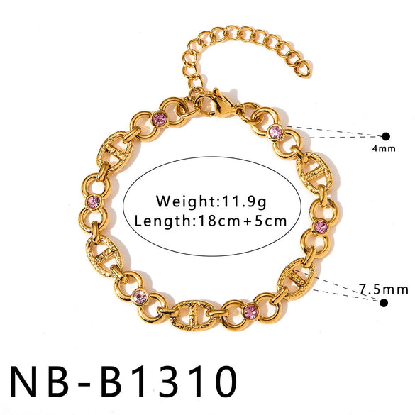 Women’s Retro Hollow Geometric Stainless Steel Bracelet With 18K Gold Plating Zircon Inlay And Rhinestone Chain Design
