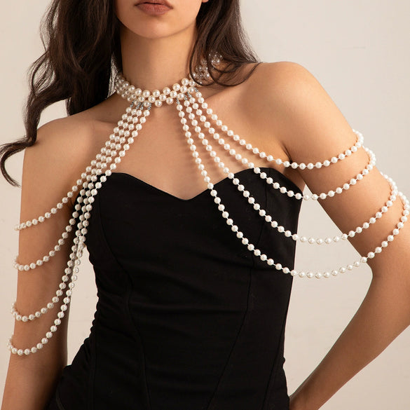 Women's Retro Imitation Pearl Handmade Beaded Multi Layer Tassel Shoulder Chain
