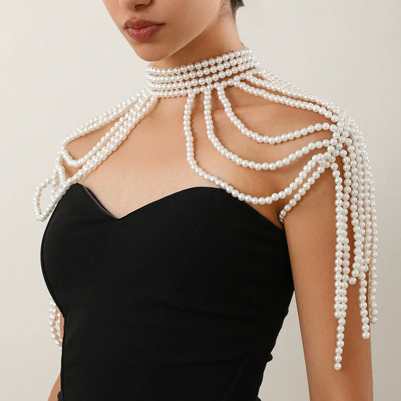 Women's Retro Imitation Pearl Handmade Beaded Multi Layer Tassel Shoulder Chain
