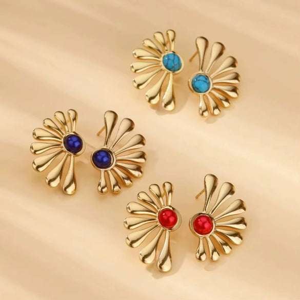 Women's Retro Ins Style Flower Geometric Natural Stone Stainless Steel 18K Electroplated Earrings