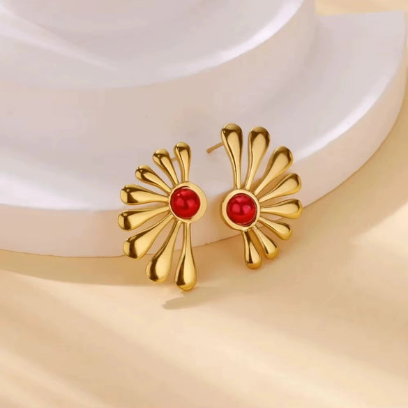 Women's Retro Ins Style Flower Geometric Natural Stone Stainless Steel 18K Electroplated Earrings