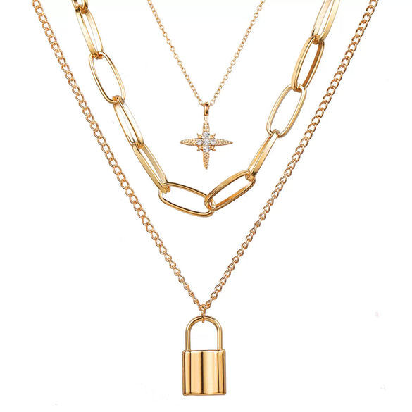 Women's Retro Layered Alloy Box Chain Necklace With Geometric Rhinestone Star Lock Pendant