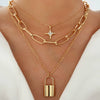 Women's Retro Layered Alloy Box Chain Necklace With Geometric Rhinestone Star Lock Pendant